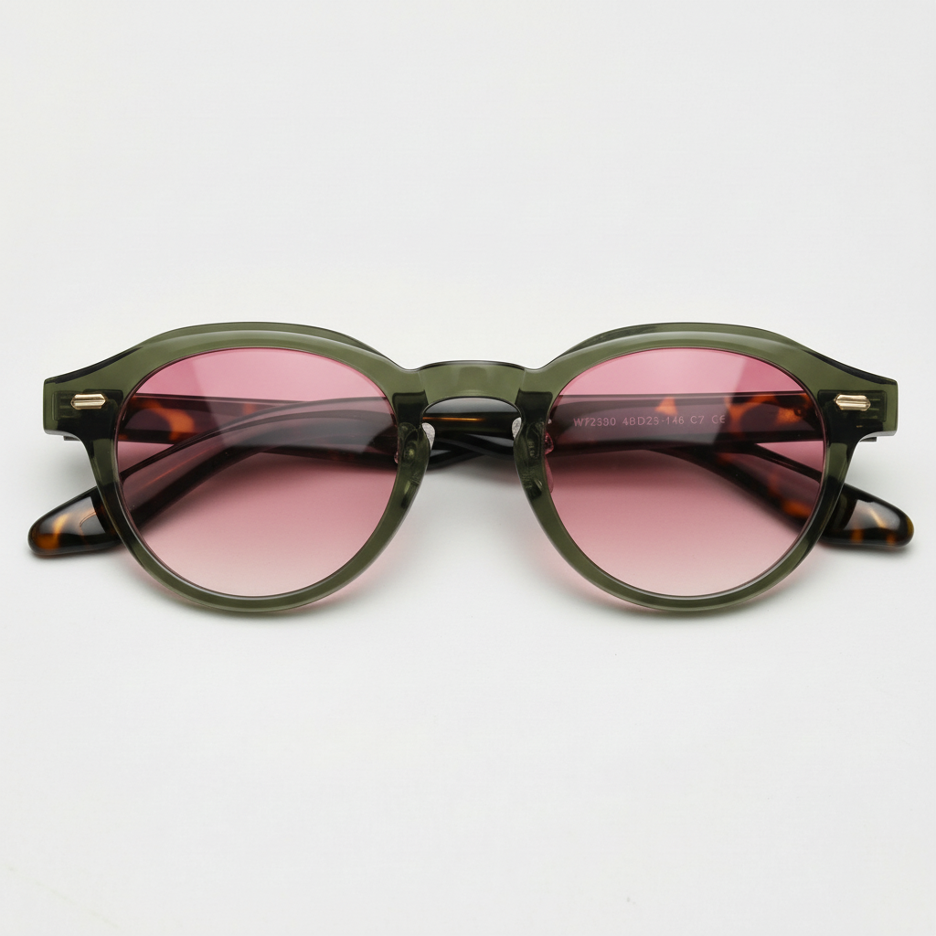 Lena Pink Gradient Lens Sunglasses - Olive green Round TR90 Frame - Front View