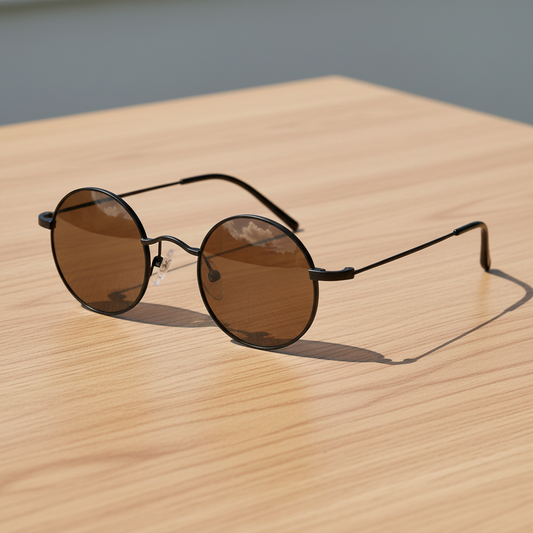 LVY Brown Tinted Lens Sunglasses - Matte black Round Titanium Frame - Lifestyle Shot