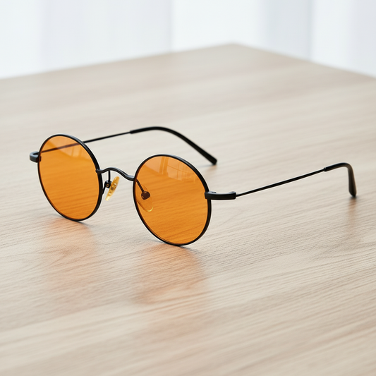 LVY Orange Tinted Lens Sunglasses - Matte black Round Titanium Frame - Lifestyle Shot