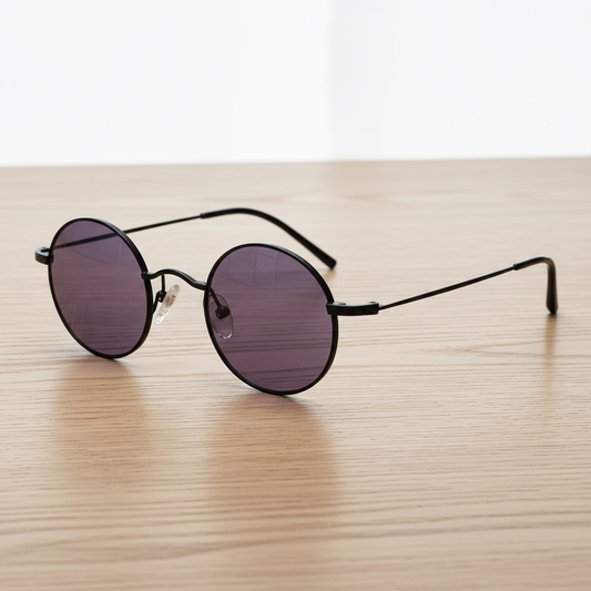 LVY Purple Tinted Lens Sunglasses - Matte black Round Titanium Frame - Lifestyle Shot
