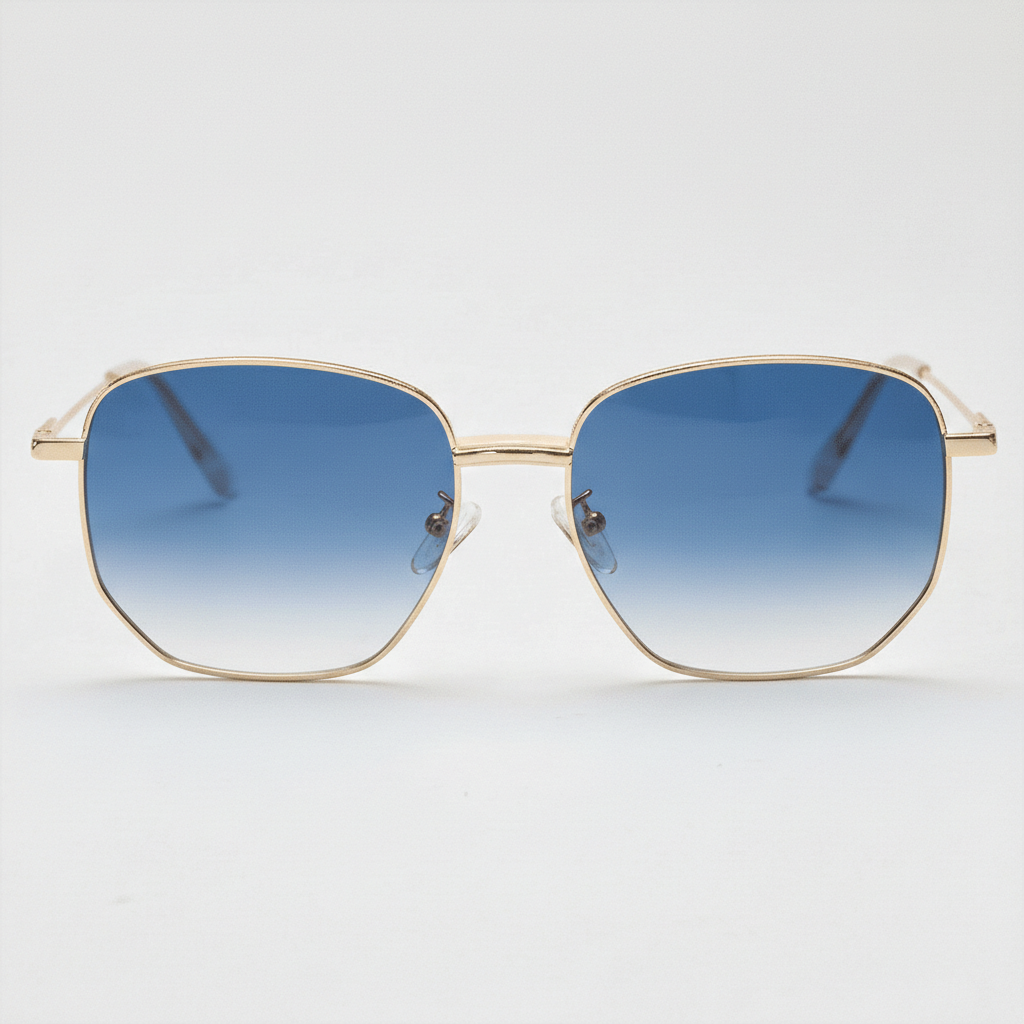 Ruth Blue Gradient Lens Sunglasses - Gold Geometric Metal Frame - Front View