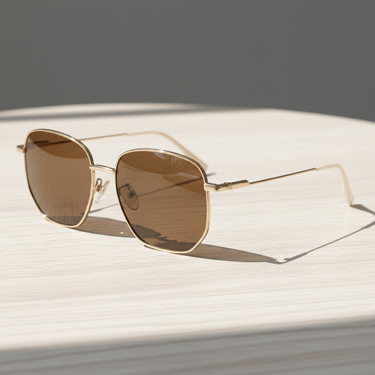 Ruth Brown Tinted Lens Sunglasses - Gold Geometric Metal Frame - Lifestyle Shot