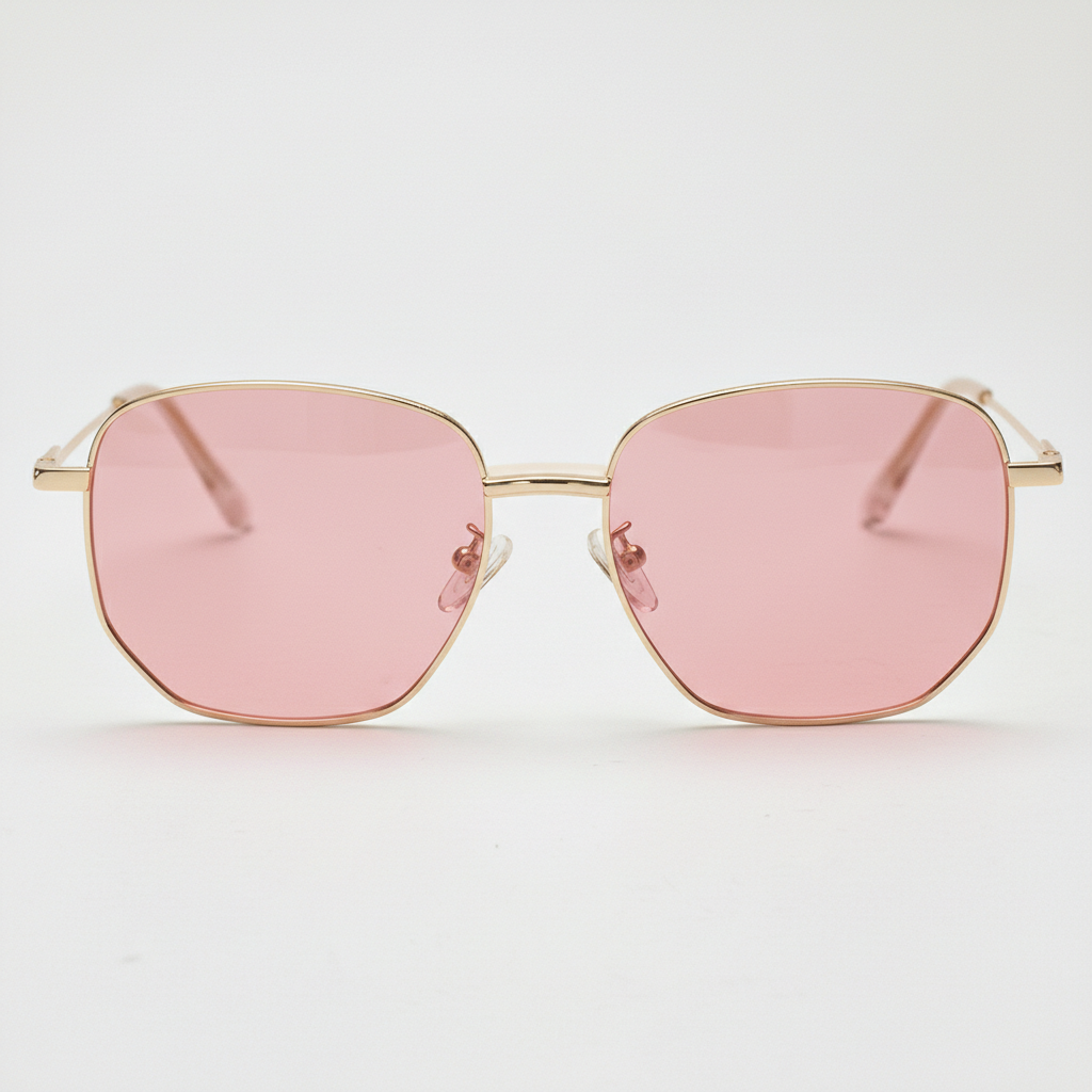Ruth Pink Tinted Lens Sunglasses - Gold Geometric Metal Frame - Front View