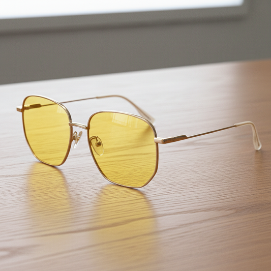 Ruth Yellow Tinted Lens Sunglasses - Gold Geometric Metal Frame - Lifestyle Shot