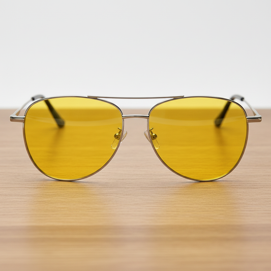 Zoe Yellow Tinted Lens Sunglasses - Silver Aviator Metal Frame - Lifestyle Shot