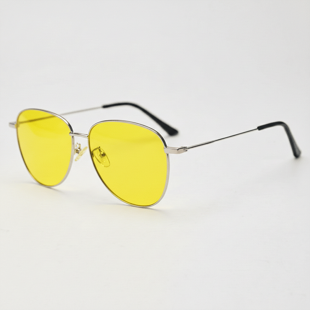 Zoe Yellow Tinted Lens Sunglasses - Silver Aviator Metal Frame - Side View