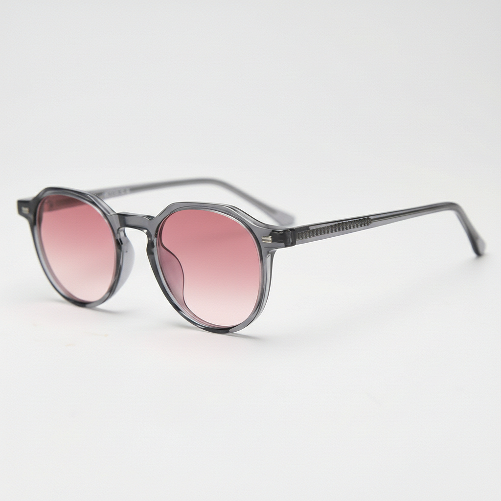 Cherry Pink Gradient Lens Sunglasses - Grey Geometric TR90 Frame - Side View