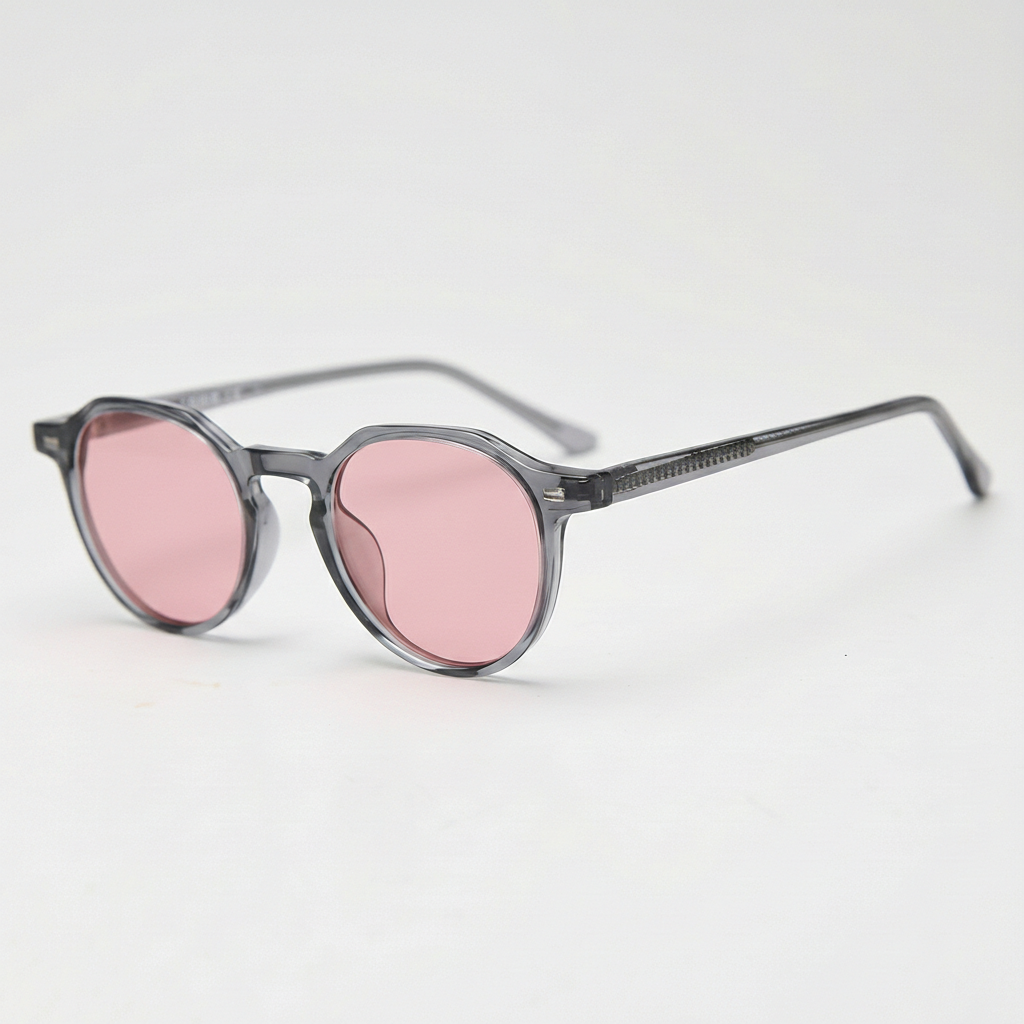 Cherry Pink Tinted Lens Sunglasses - Grey Geometric TR90 Frame - Side View