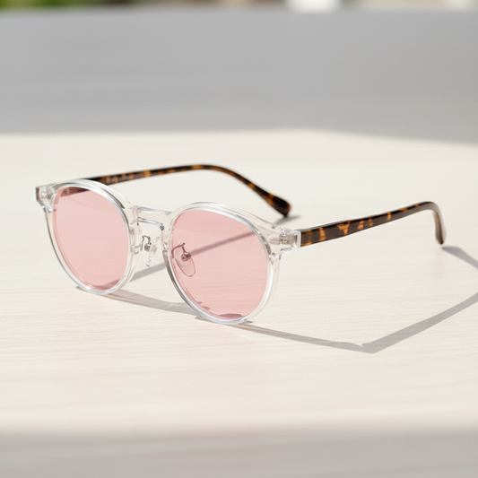 Erin Pink Tinted Lens Sunglasses - Clear Round TR90 Frame - Lifestyle Shot