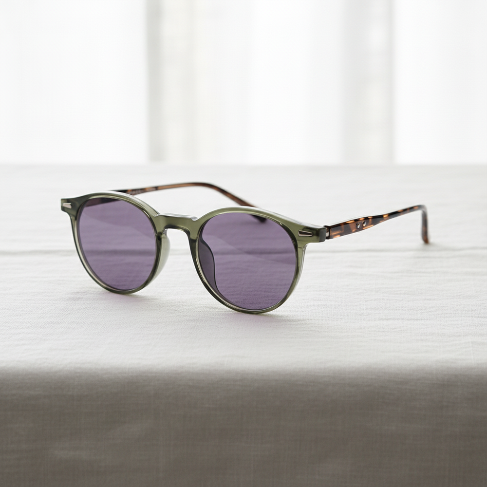 Ida Purple Tinted Lens Sunglasses - Green Round TR90 Frame