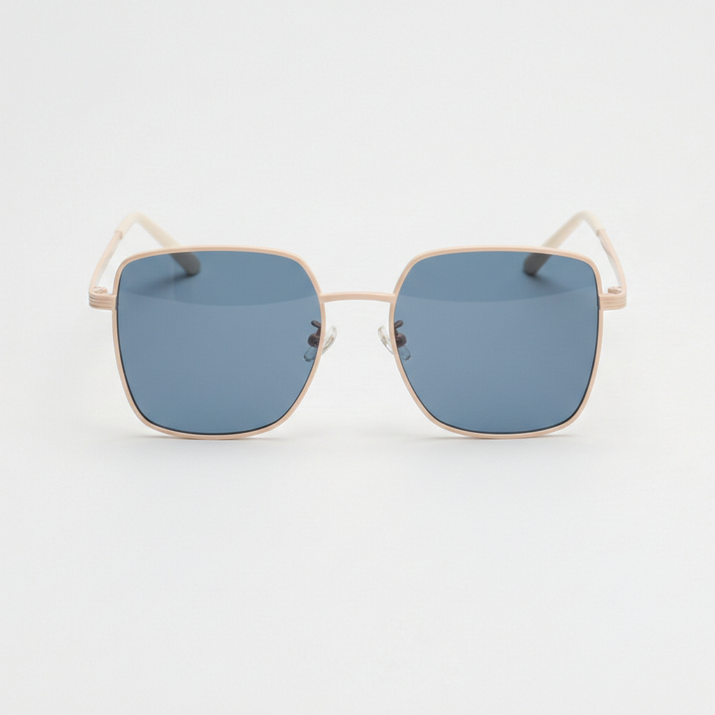 Jade Blue Tinted Lens Sunglasses - Gold Square Metal Frame - Front View