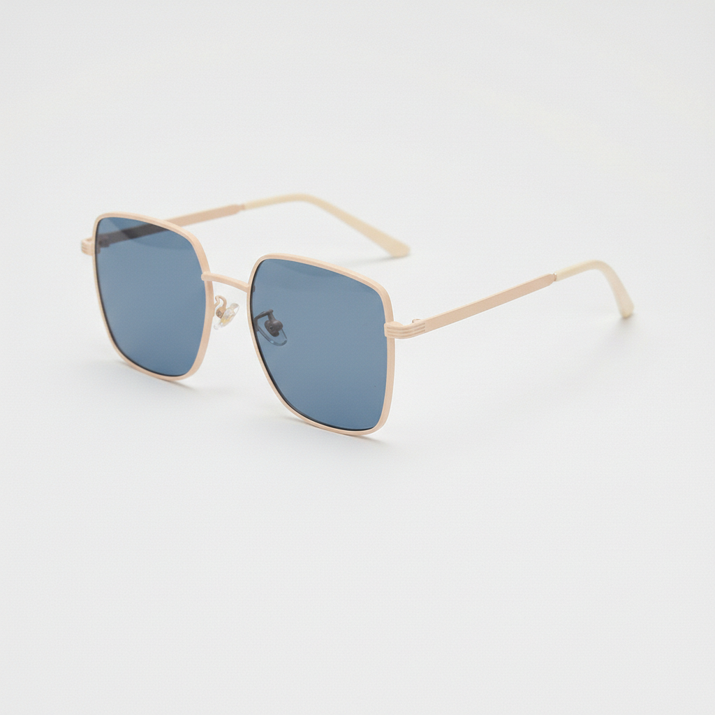 Jade Blue Tinted Lens Sunglasses - Gold Square Metal Frame - Side View