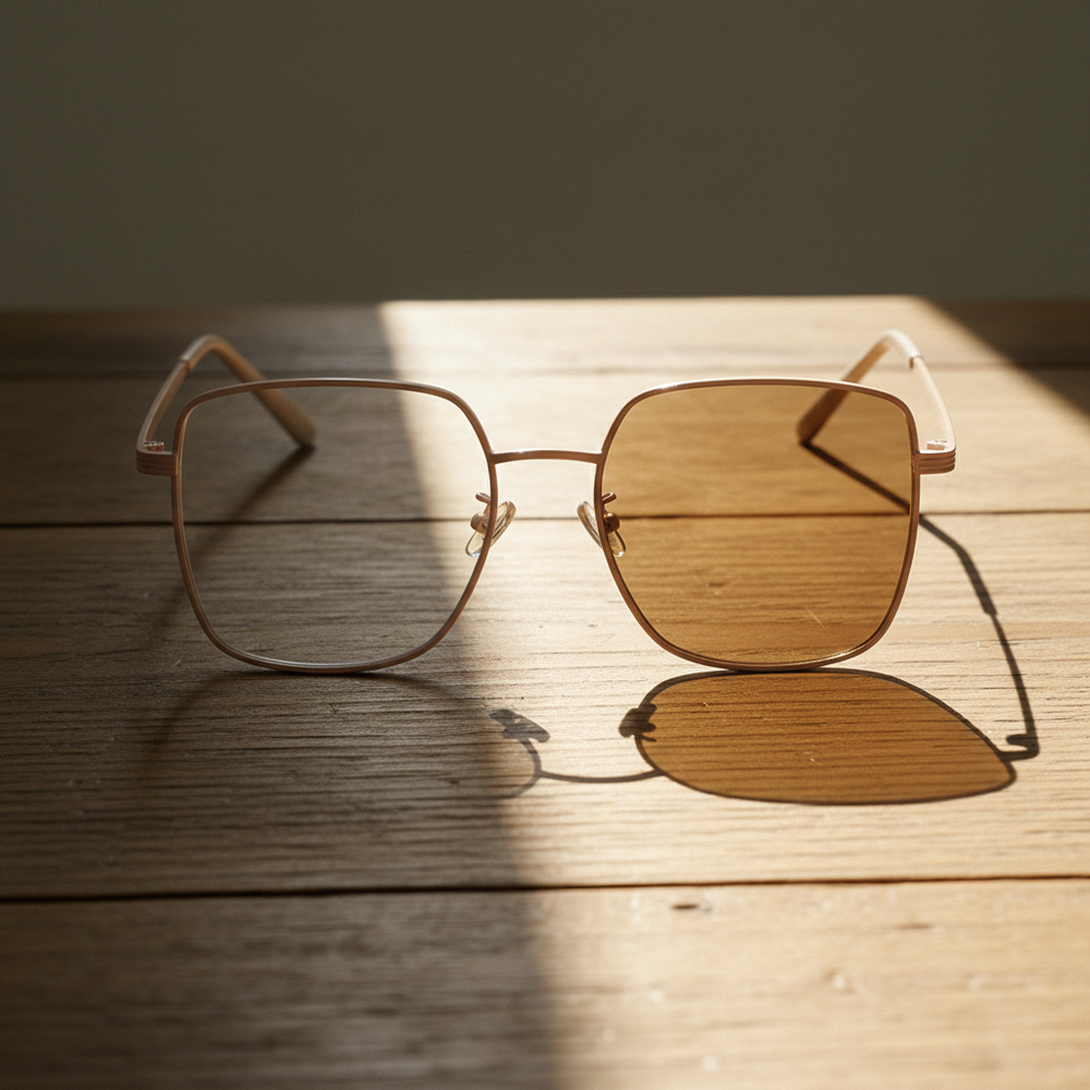 Jade Brown Photochromic Lens Glasses - Gold Square Metal Frame