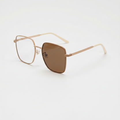 Jade Brown Photochromic Lens Glasses - Gold Square Metal Frame - Side View