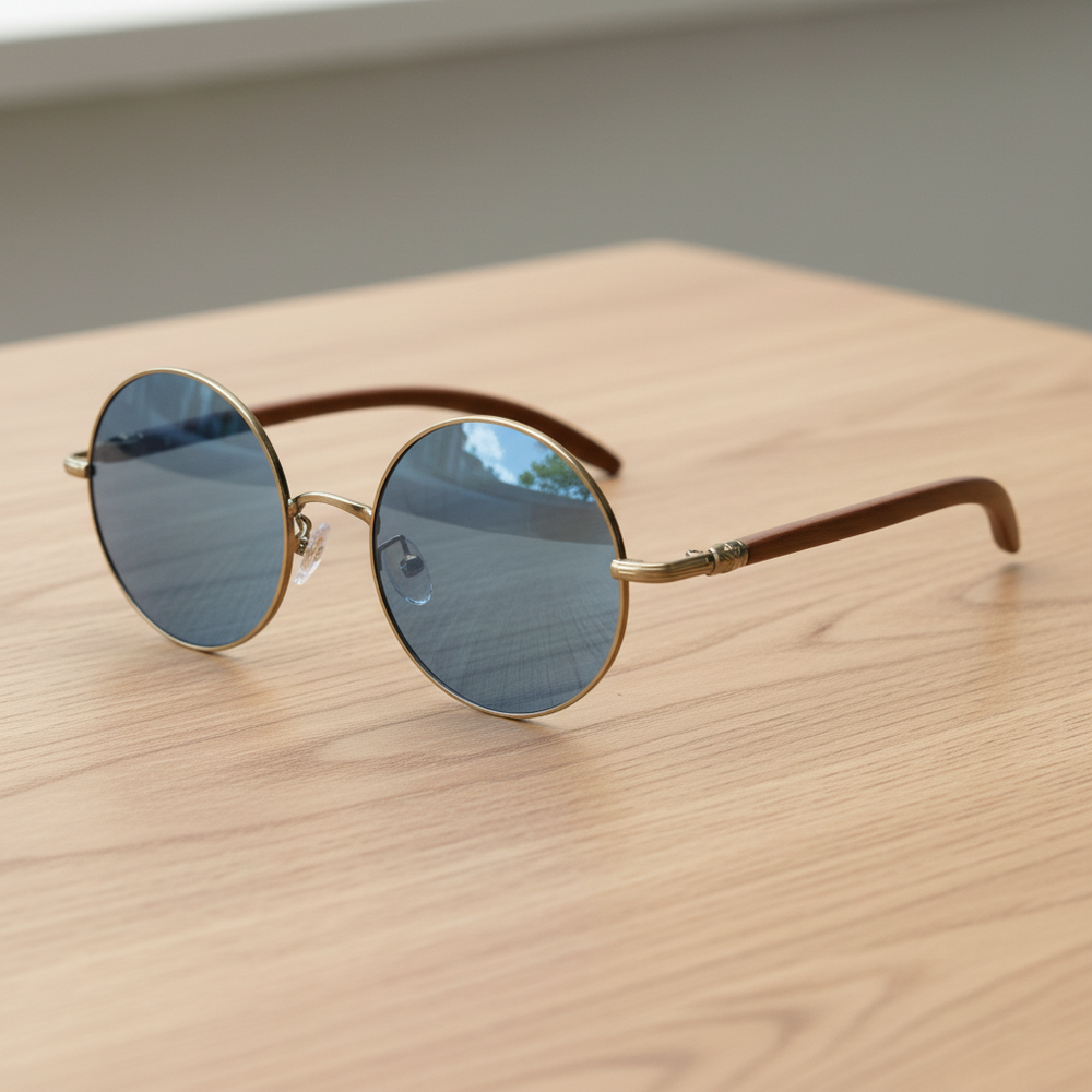Jo Blue Tinted Lens Sunglasses - Gold Round Metal Frame