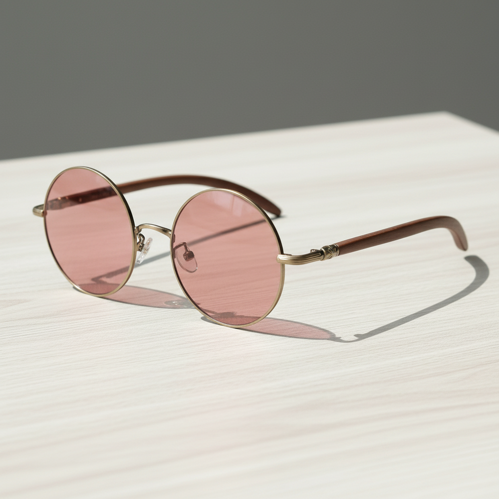 Jo FL-41 Rose Tinted Lens Glasses - Gold Round Metal Frame