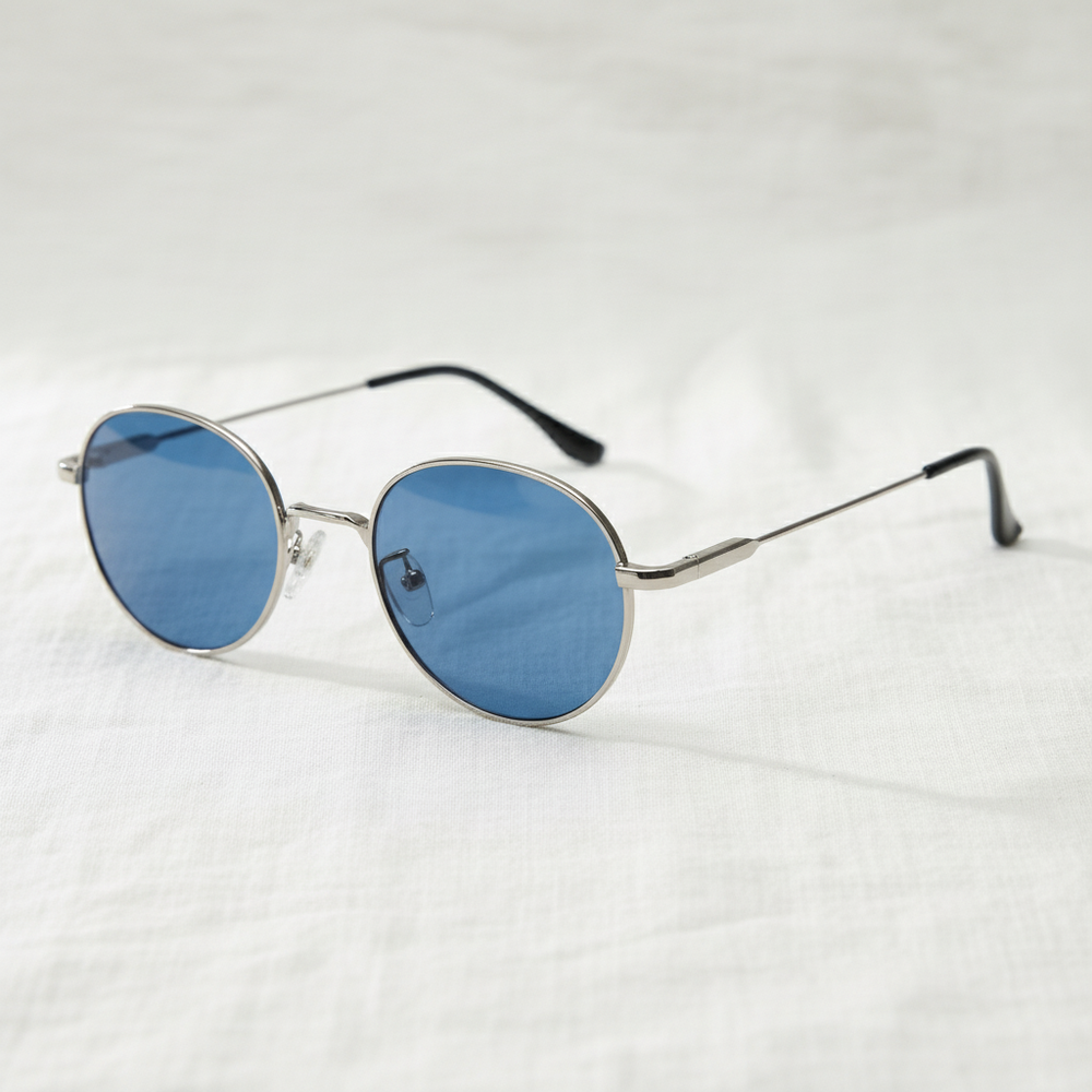 June Blue Tinted Lens Sunglasses - Silver Round Stainless steel Frame