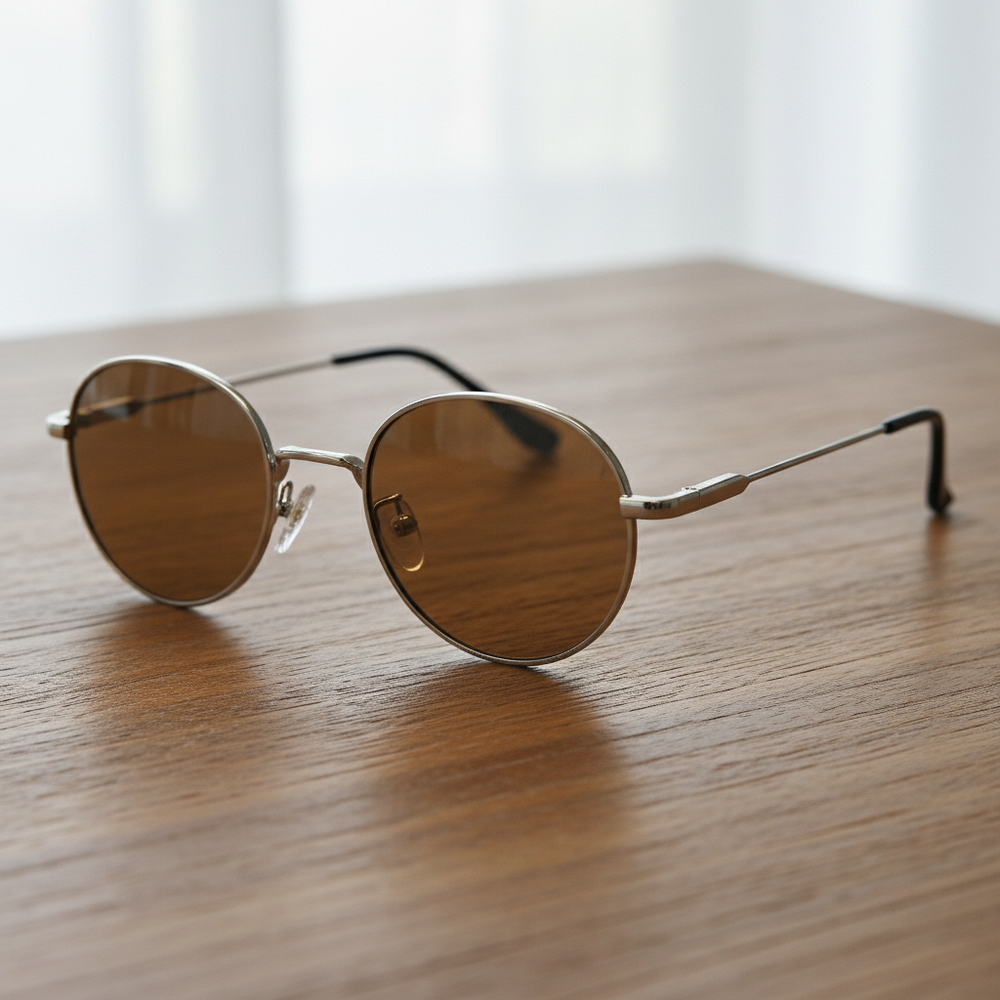 June Brown Tinted Lens Sunglasses - Silver Round Stainless steel Frame