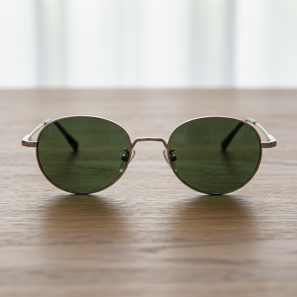 June Green Tinted Lens Sunglasses - Silver Round Stainless steel Frame