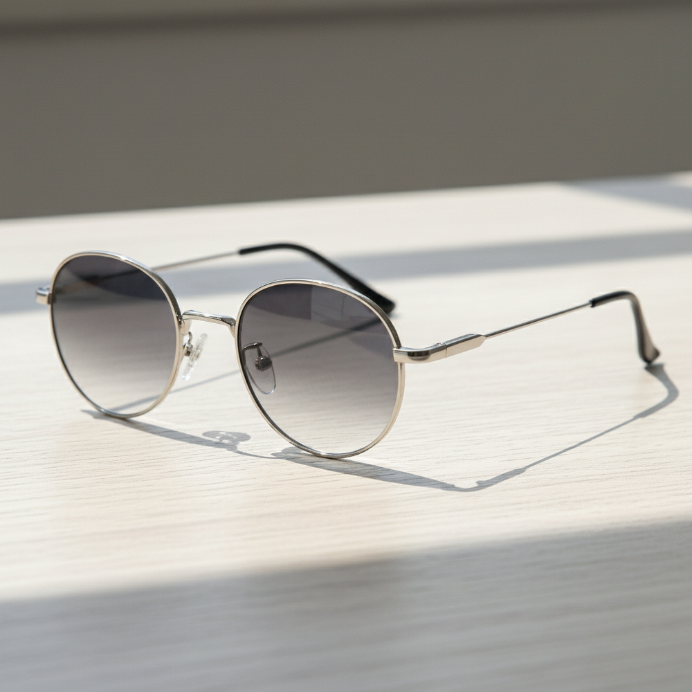 June Grey Gradient Lens Sunglasses - Silver Round Stainless steel Frame