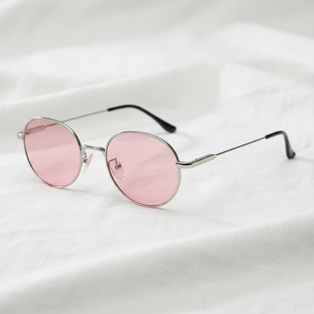 June Pink Tinted Lens Sunglasses - Silver Round Stainless steel Frame