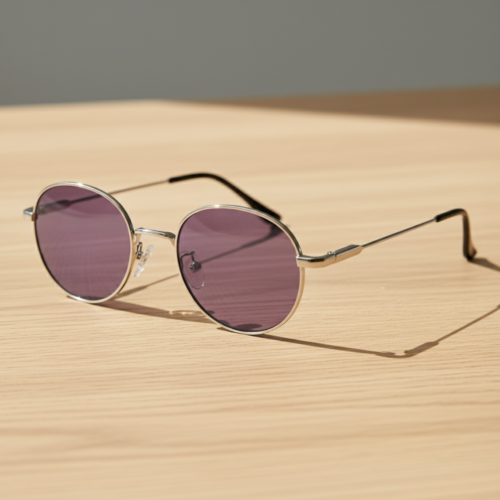 June Purple Tinted Lens Sunglasses - Silver Round Stainless steel Frame
