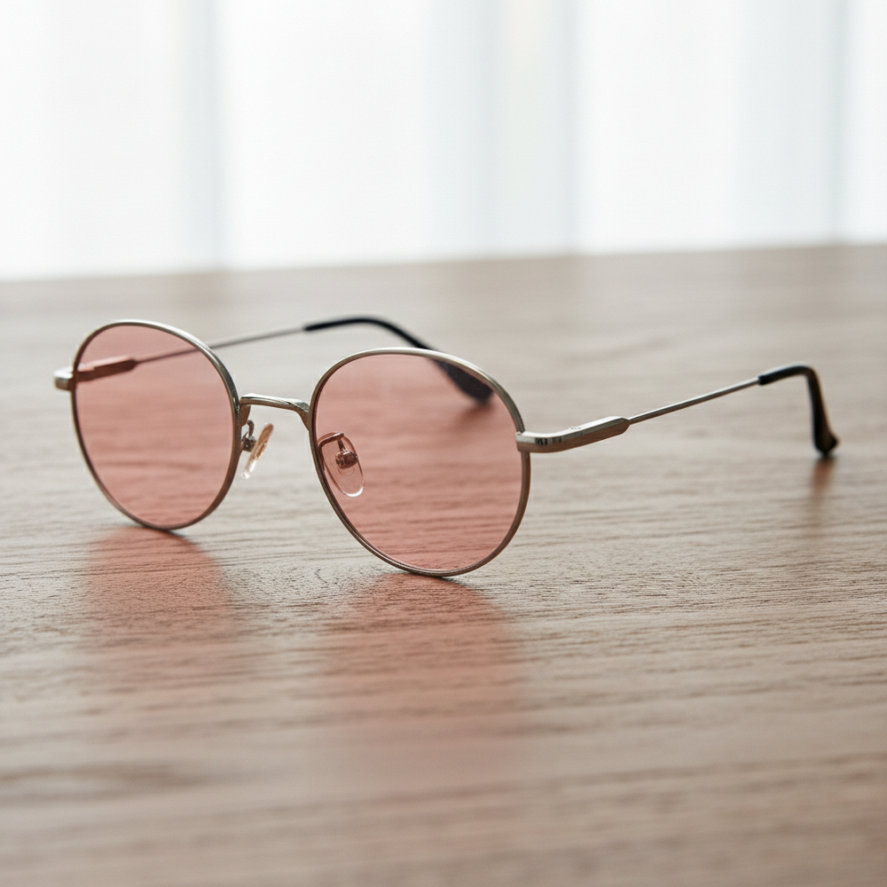 June FL-41 Rose Tinted Lens Glasses - Silver Round Stainless steel Frame