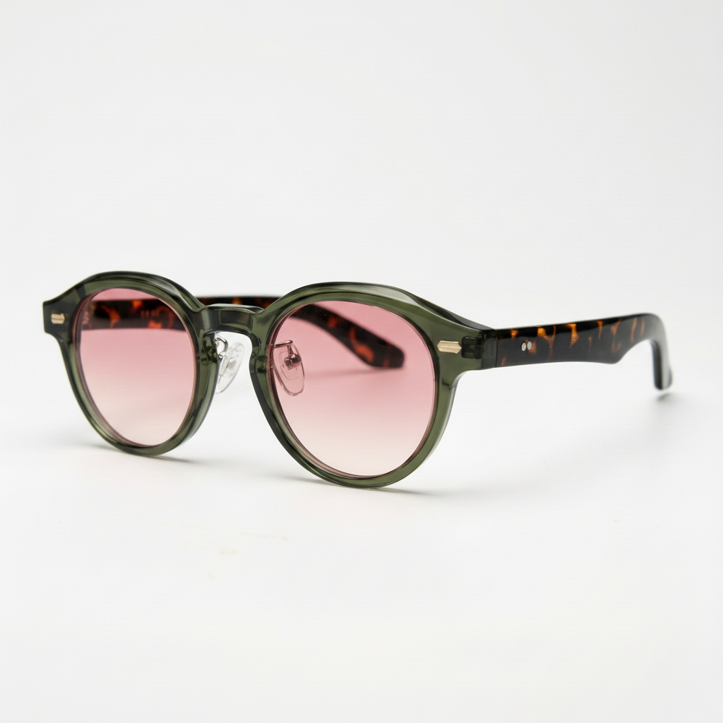 Lena Pink Gradient Lens Sunglasses - Olive green Round TR90 Frame - Side View