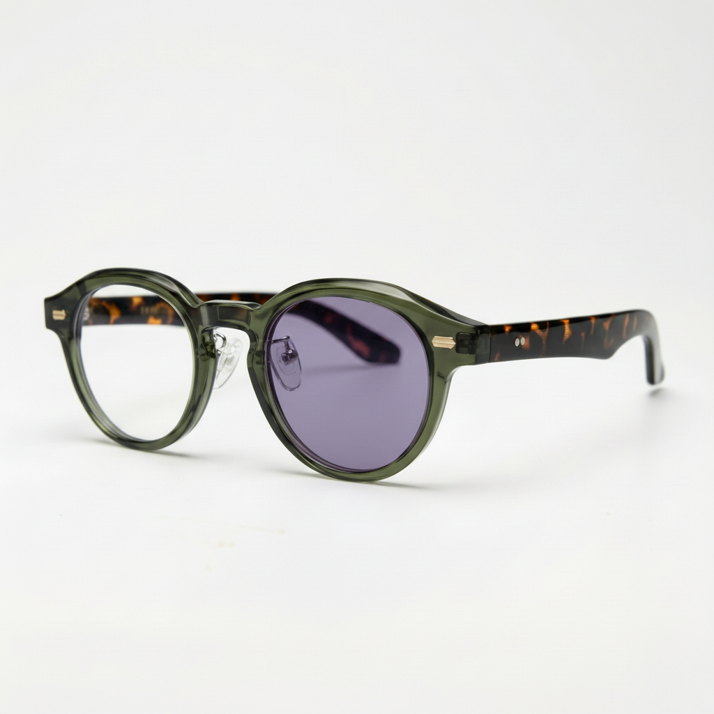 Lena Purple Photochromic Lens Glasses - Olive green Round TR90 Frame - Side View
