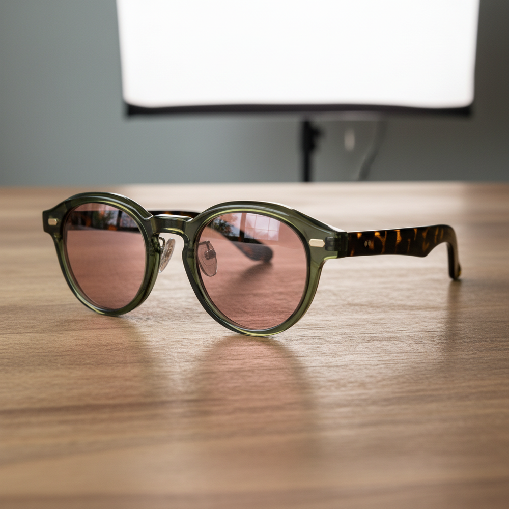 Lena FL-41 Rose Tinted Lens Glasses - Olive green Round TR90 Frame