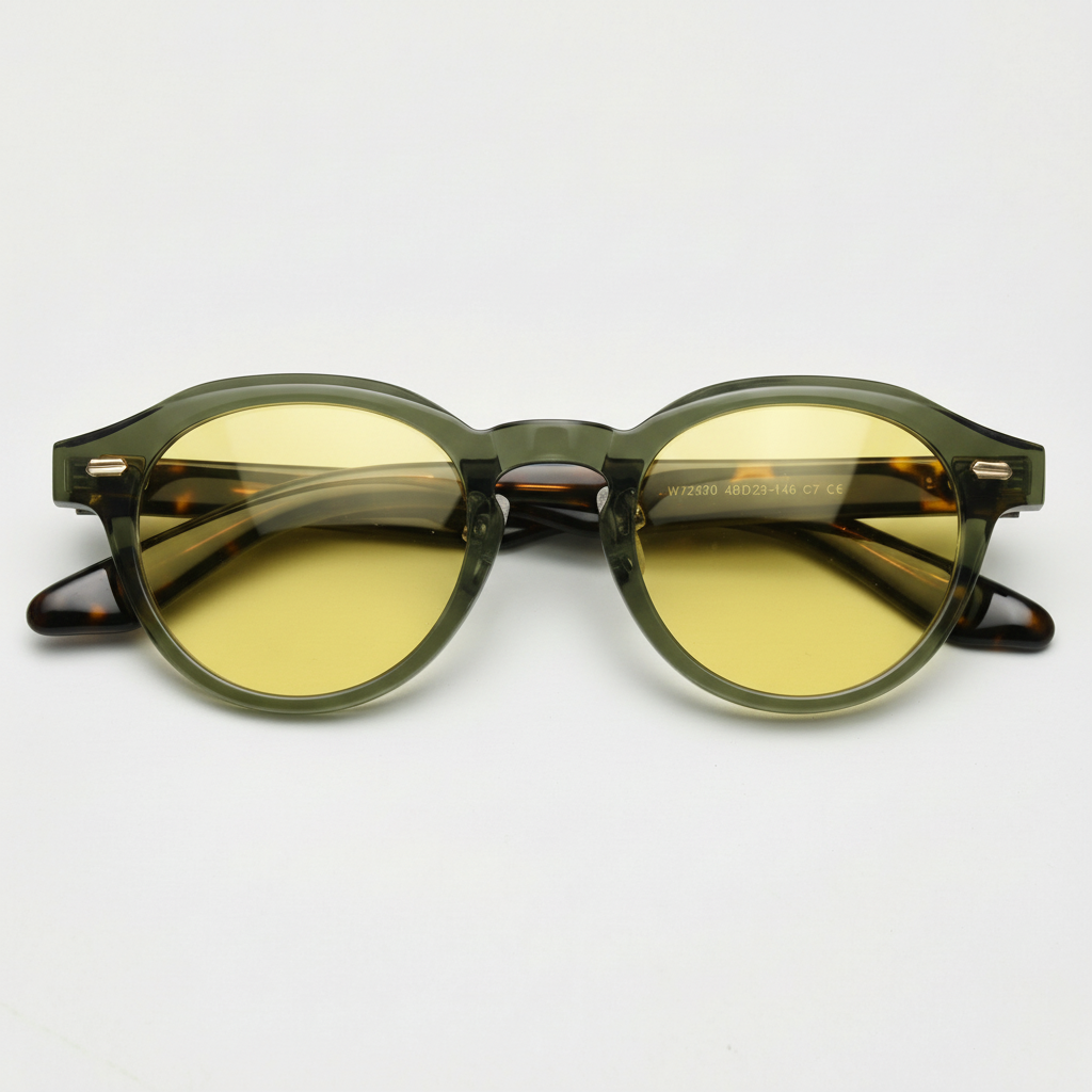 Lena Yellow Tinted Lens Sunglasses - Olive green Round TR90 Frame - Front View