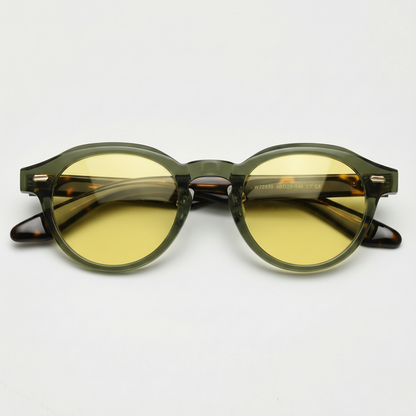 Lena Yellow Tinted Lens Sunglasses - Olive green Round TR90 Frame - Front View