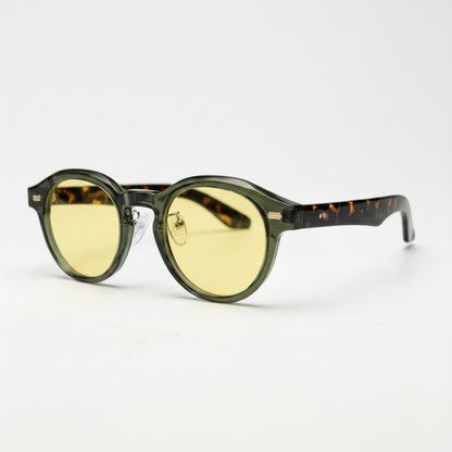 Lena Yellow Tinted Lens Sunglasses - Olive green Round TR90 Frame - Side View