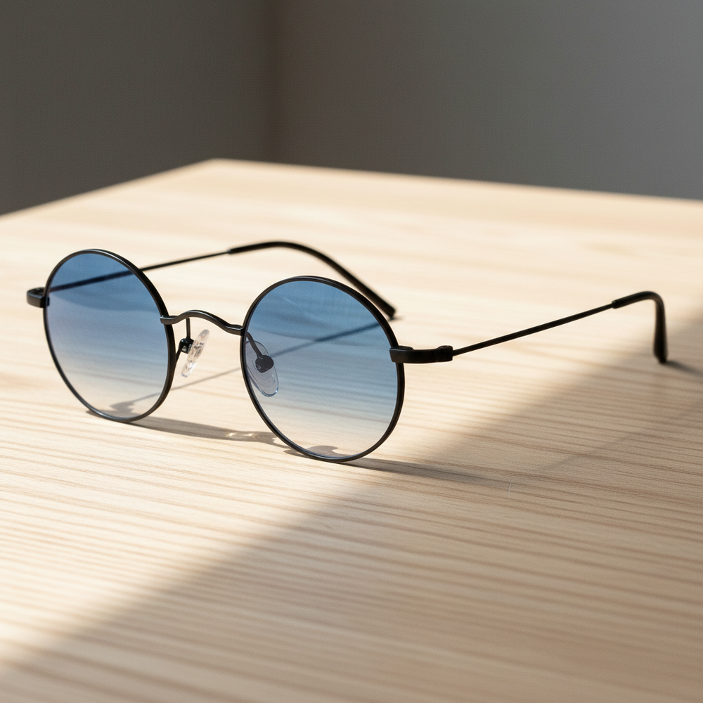 LVY Blue Gradient Lens Sunglasses - Matte black Round Titanium Frame