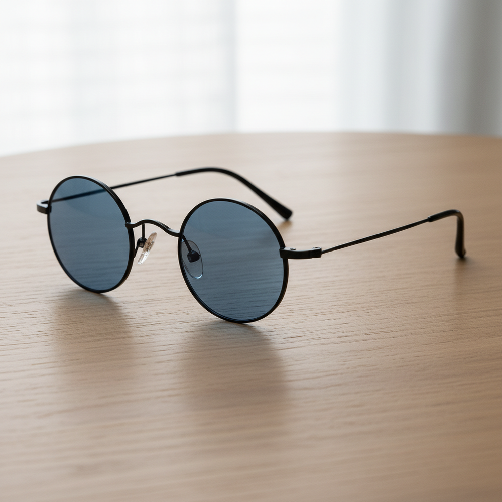 LVY Blue Tinted Lens Sunglasses - Matte black Round Titanium Frame