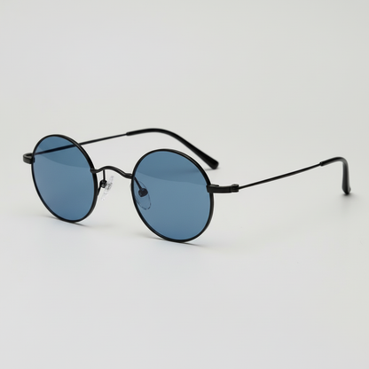 LVY Blue Tinted Lens Sunglasses - Matte black Round Titanium Frame - Side View