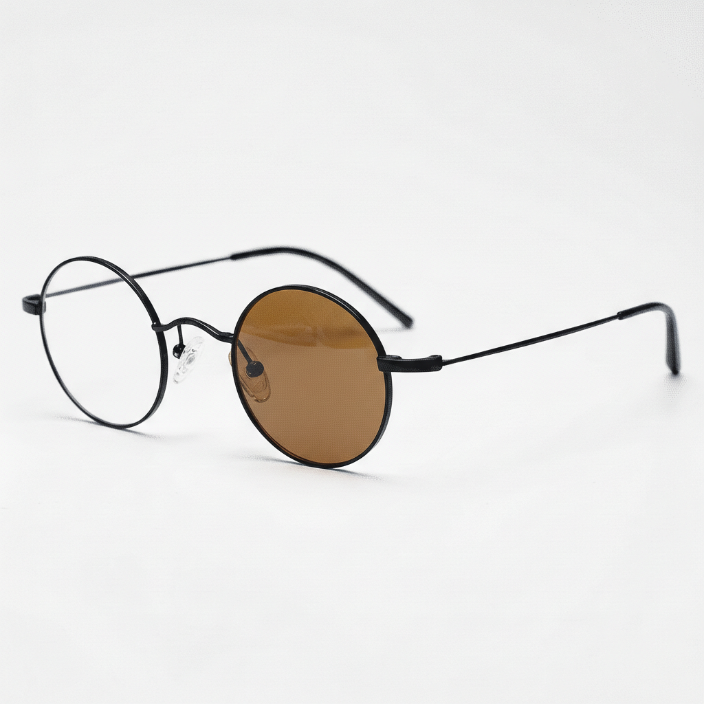 LVY Brown Photochromic Lens Glasses - Matte black Round Titanium Frame - Side View