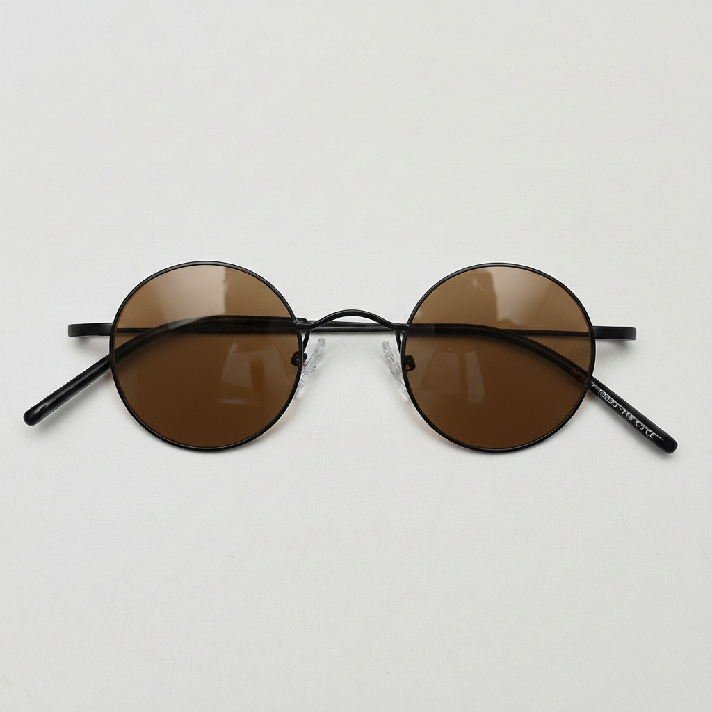 LVY Brown Tinted Lens Sunglasses - Matte black Round Titanium Frame - Front View