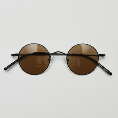 LVY Brown Tinted Lens Sunglasses - Matte black Round Titanium Frame - Front View
