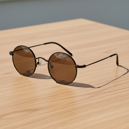 LVY Brown Tinted Lens Sunglasses - Matte black Round Titanium Frame - Lifestyle Shot