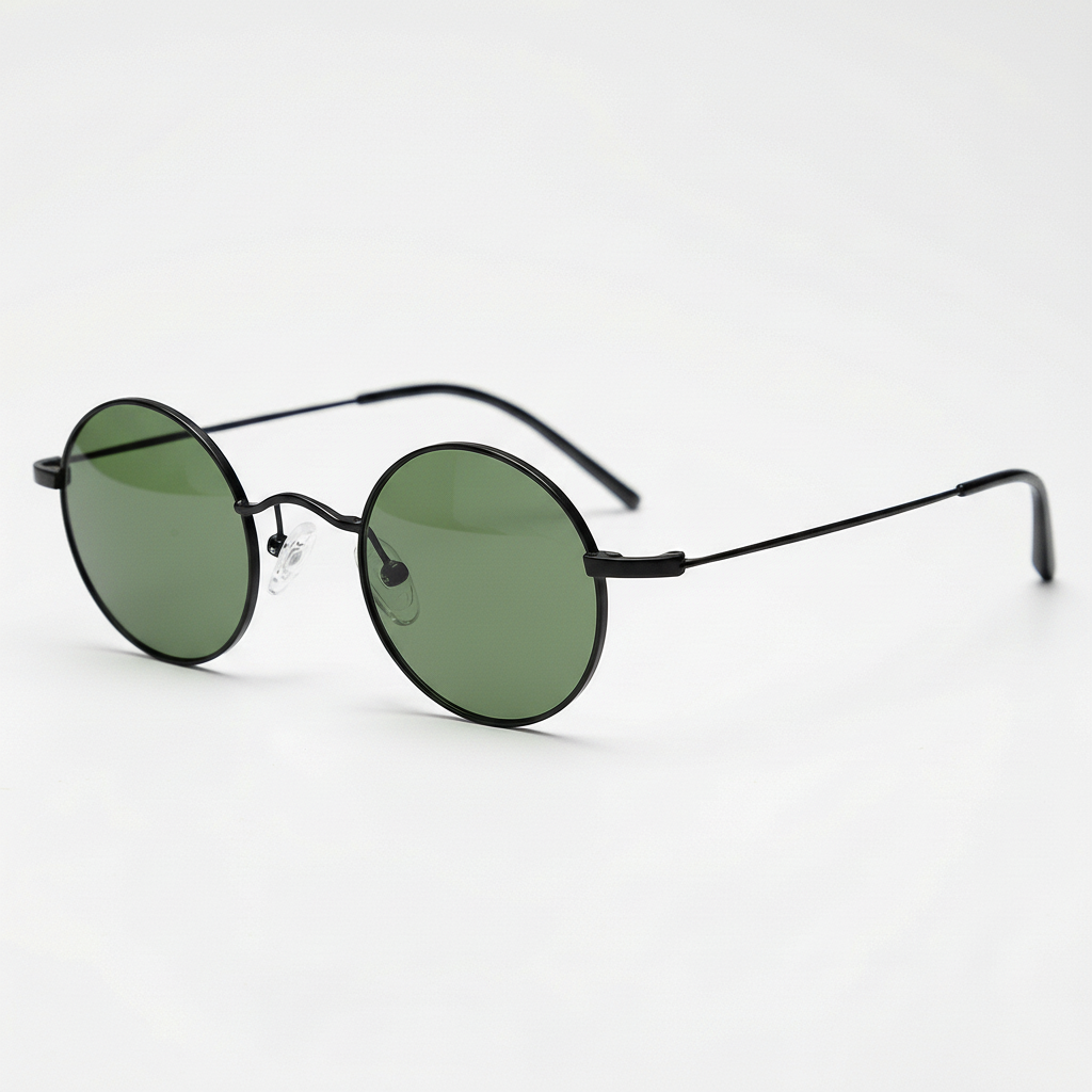 LVY Green Tinted Lens Sunglasses - Matte black Round Titanium Frame - Side View