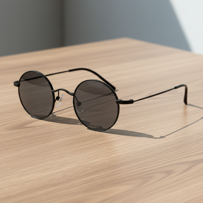 LVY Grey Tinted Lens Sunglasses - Matte black Round Titanium Frame - Lifestyle Shot