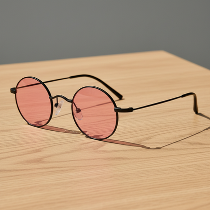 LVY Pink Tinted Lens Sunglasses - Matte black Round Titanium Frame - Lifestyle Shot