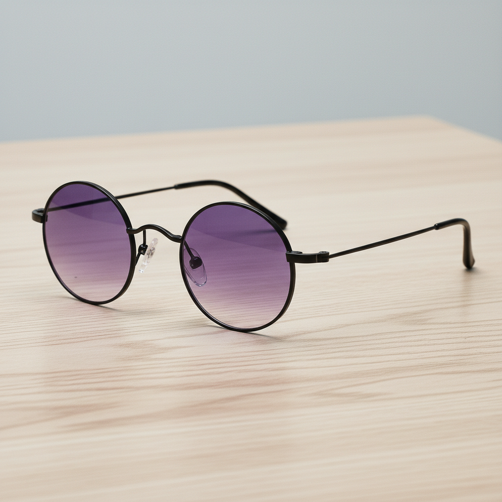 LVY Purple Gradient Lens Sunglasses - Matte black Round Titanium Frame