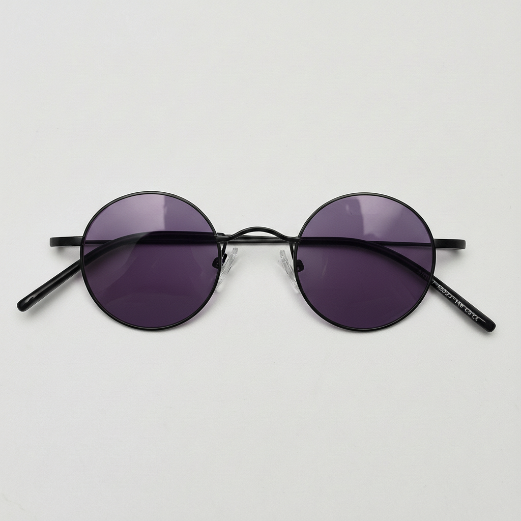 LVY Purple Tinted Lens Sunglasses - Matte black Round Titanium Frame - Front View