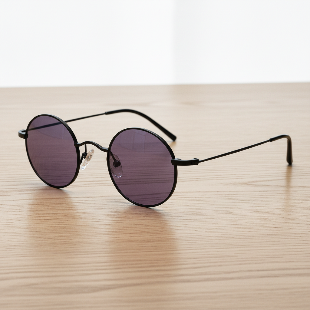 LVY Purple Tinted Lens Sunglasses - Matte black Round Titanium Frame - Lifestyle Shot
