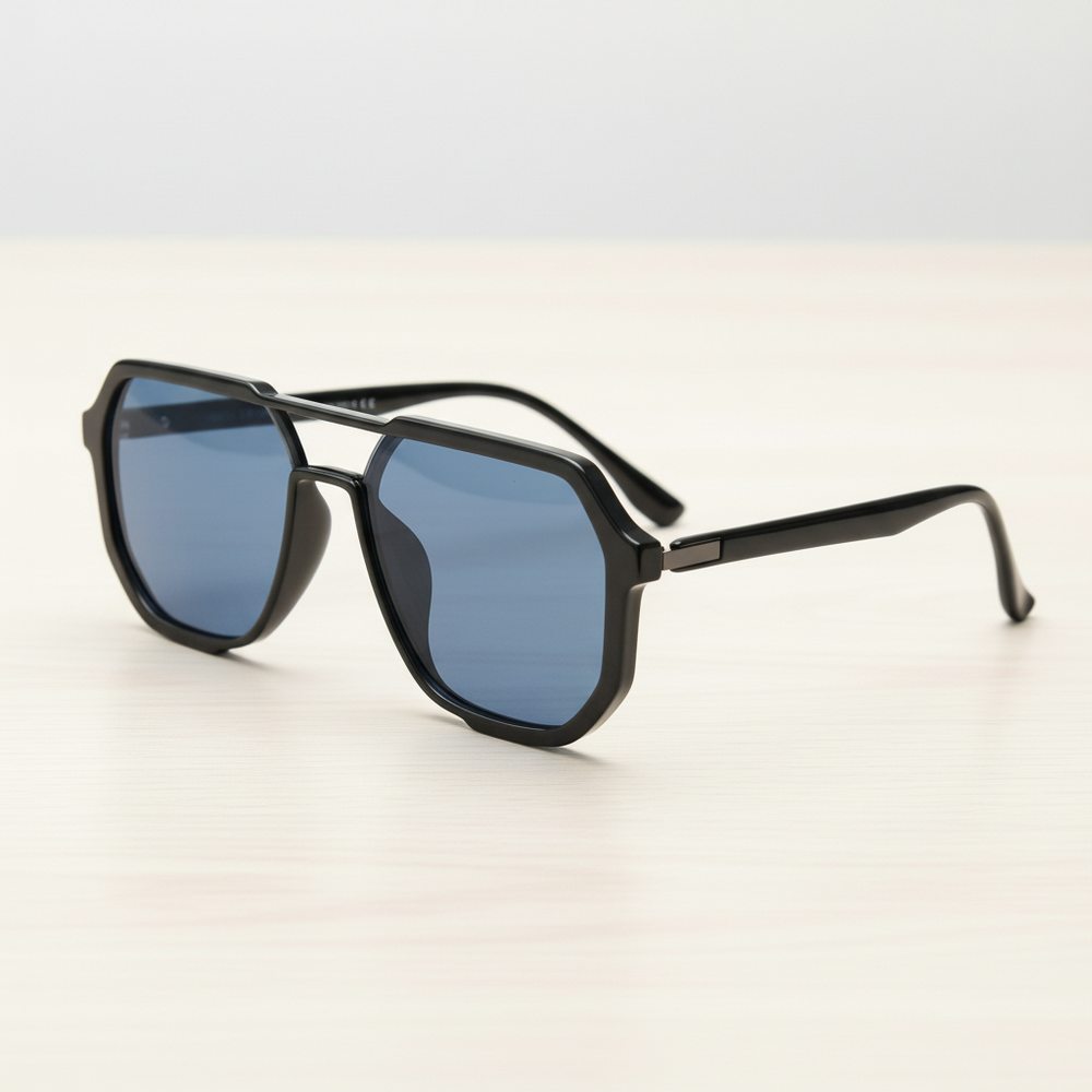 Poppy Blue Tinted Lens Sunglasses - Glossy black Geometric TR90 Frame