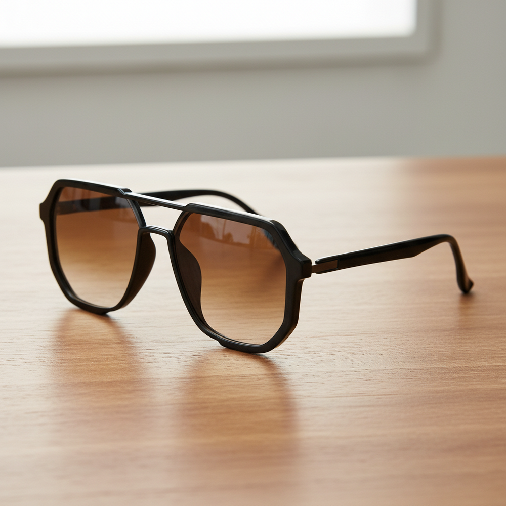 Poppy Brown Gradient Lens Sunglasses - Glossy black Geometric TR90 Frame