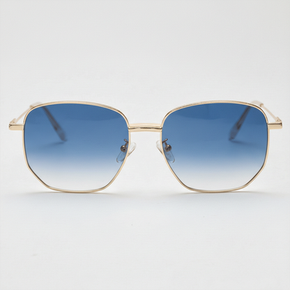 Ruth Blue Gradient Lens Sunglasses - Gold Geometric Metal Frame - Front View
