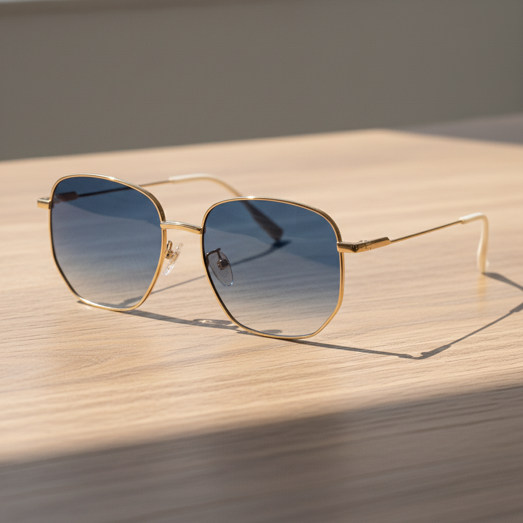 Ruth Blue Gradient Lens Sunglasses - Gold Geometric Metal Frame - Lifestyle Shot
